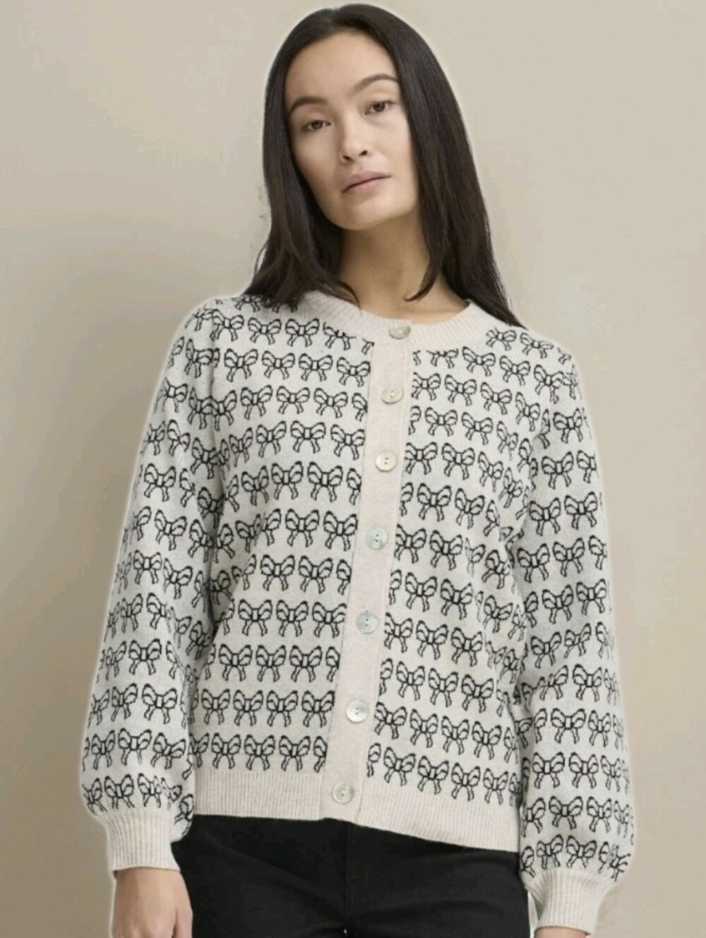 ICHI Ihbrielle Cardigan Sweater Beige Bow Pattern Button Up Preppy Women's Sz S